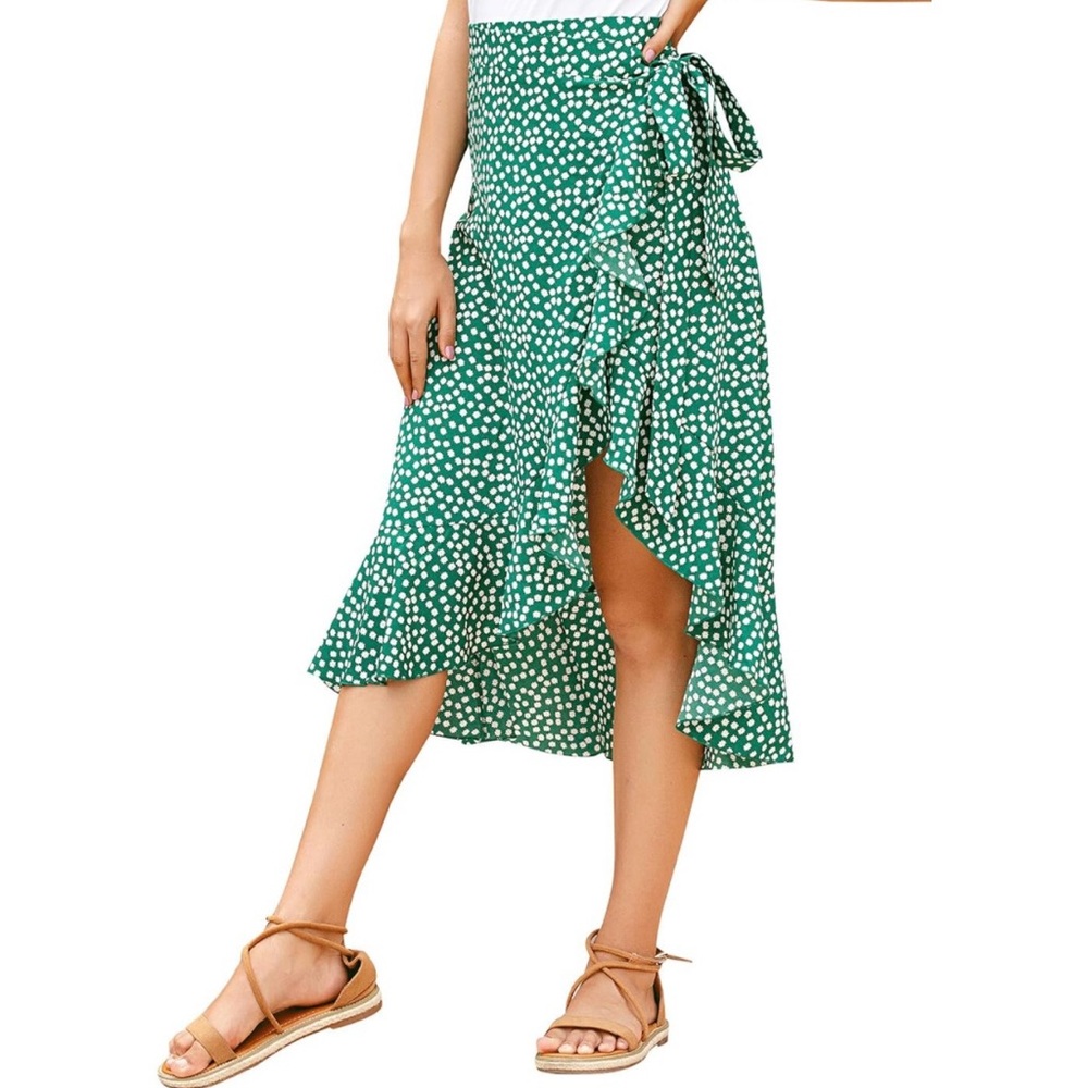 Green Ruffle Wrap Midi Skirt Boho Floral Print Front Self Tie Knot Hem Split XL